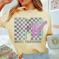 Retro Checkered Distressed Music Logo Graphic T-Shirt product image 1