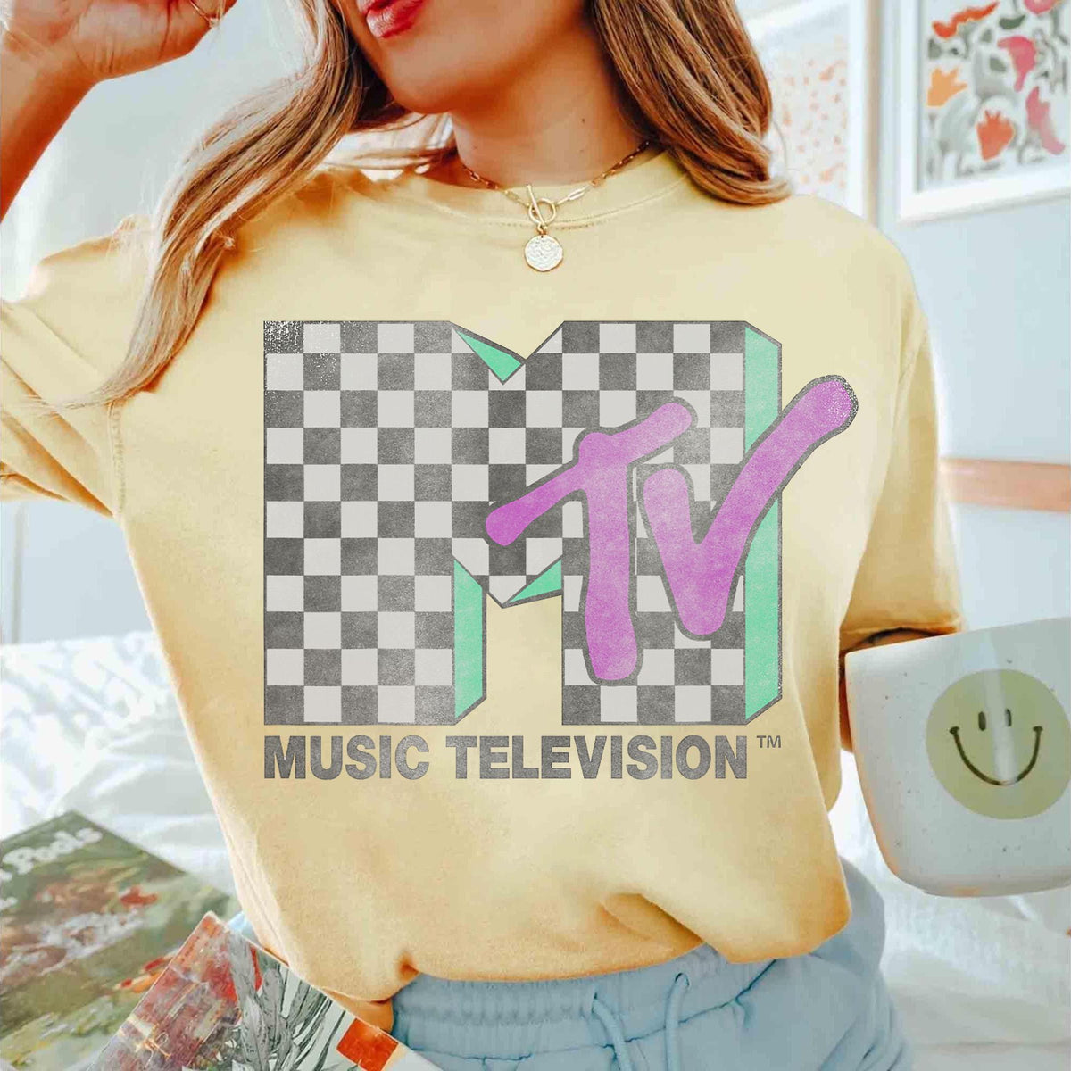 Retro Checkered Distressed Music Logo Graphic T-Shirt product image 1