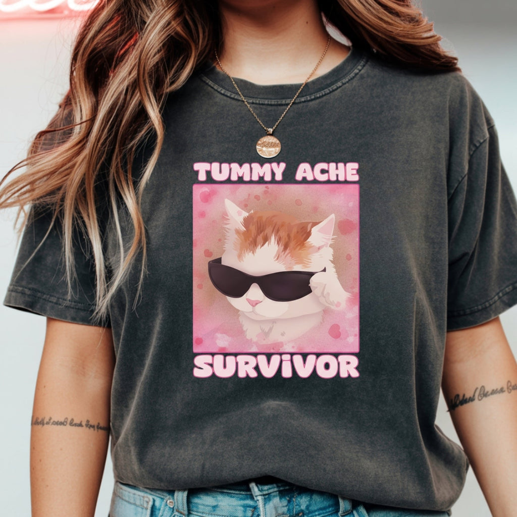 Tummy Ache Survivor Shirt – Funny Cat Meme Tee – Trendy product image 1