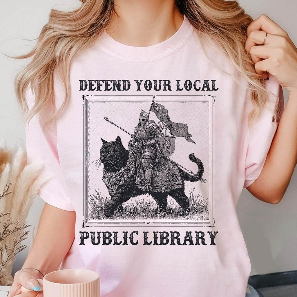 Defend Your Local Public Library Shirt – Funny Knight Cat product image 1