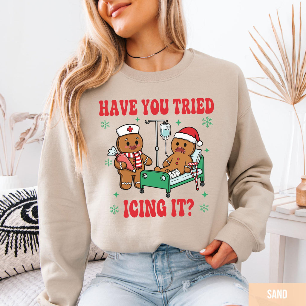 Try Icing It Nurse Christmas Sweatshirt – Funny Gingerbread product image 1