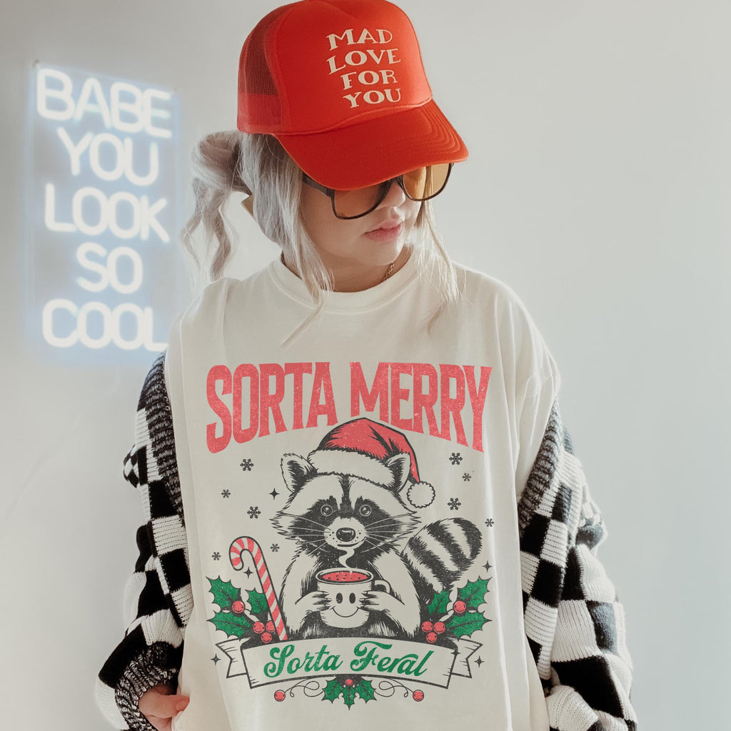 Christmas Raccoon T-Shirt – Sorta Merry Feral Funny Holiday product image 1