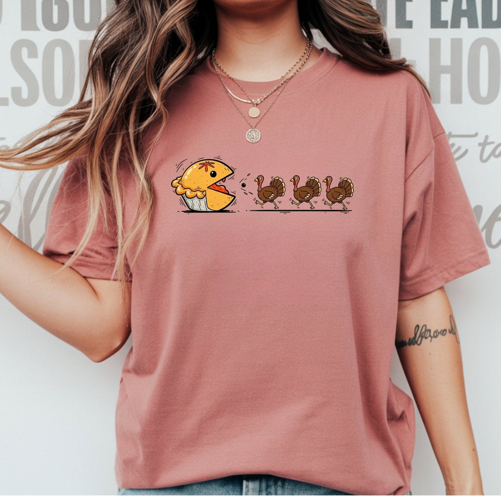 Funny Thanksgiving Shirt – Retro Pumpkin Pie Chasing Turkey product image 1