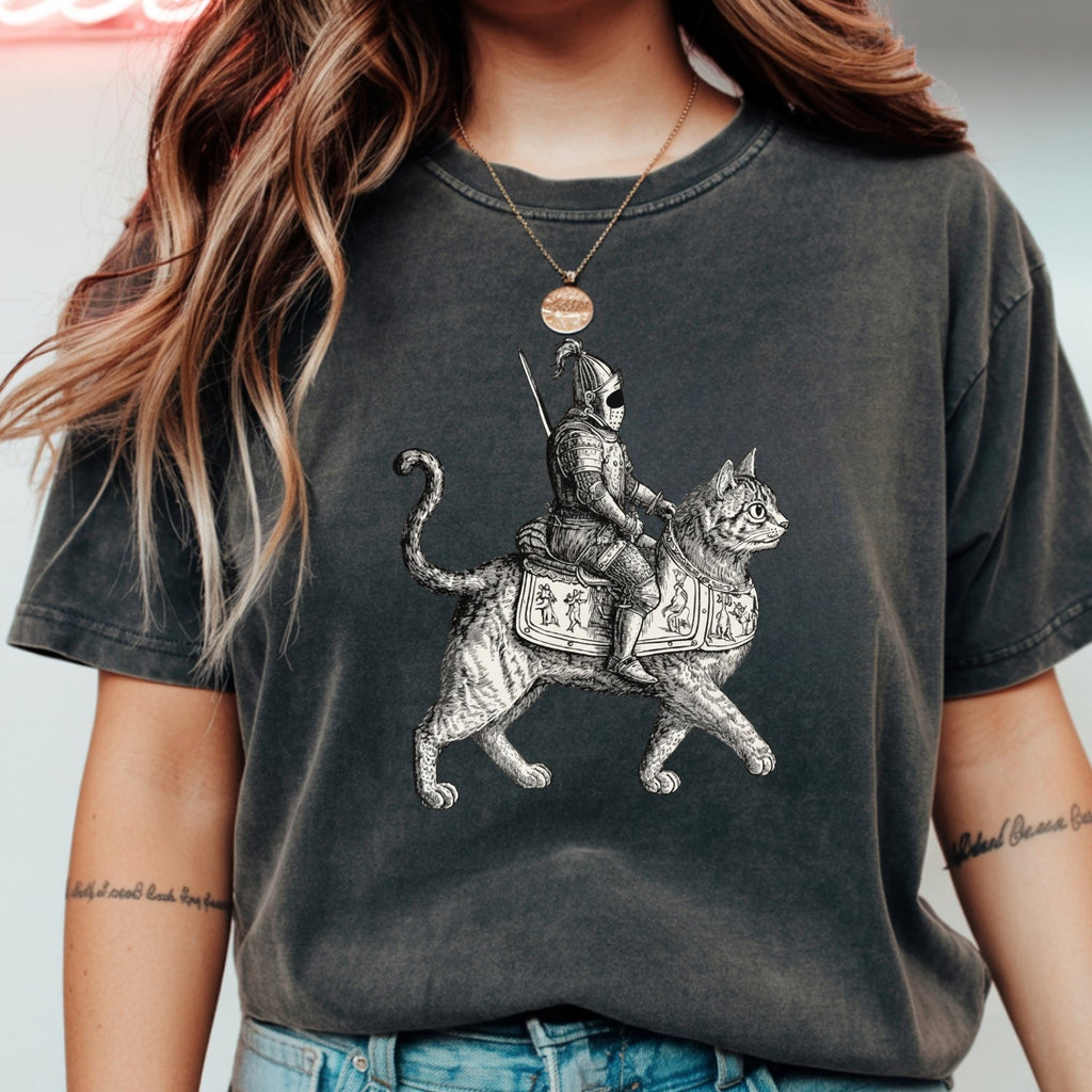 Retro Cat Knight Graphic T-Shirt – Vintage Medieval Tattoo product image 1