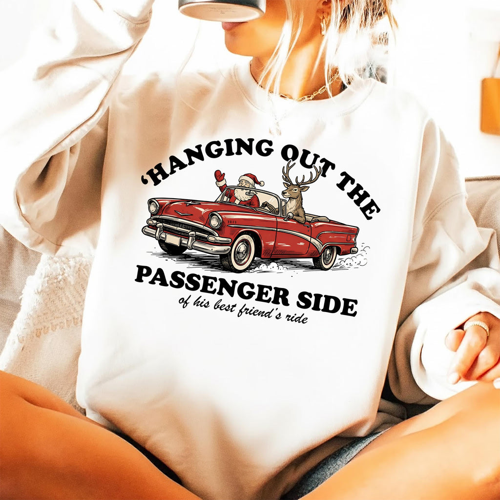 Hanging Out the Passenger Side Christmas T-Shirt – Funny product image 1