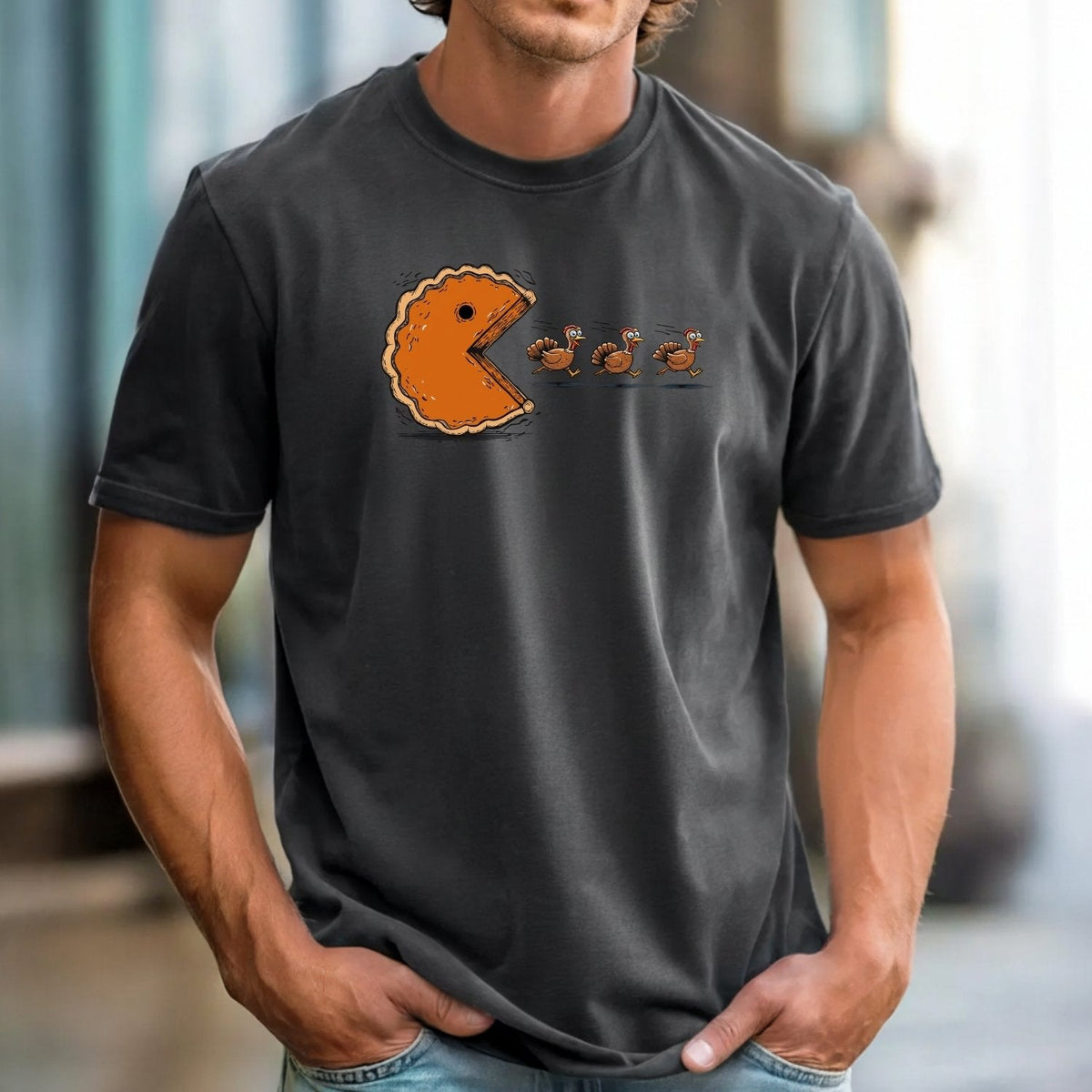 Retro Thanksgiving Pumpkin Pie Chasing Turkey Shirt – Funny product image 4