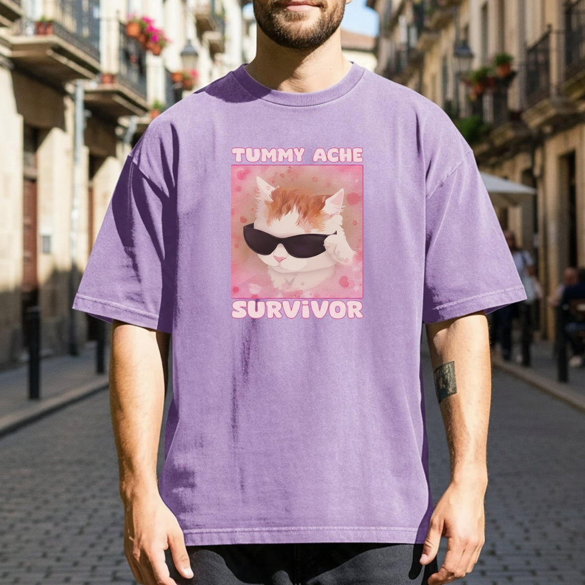 Tummy Ache Survivor Shirt – Funny Cat Meme Tee – Trendy product image 7