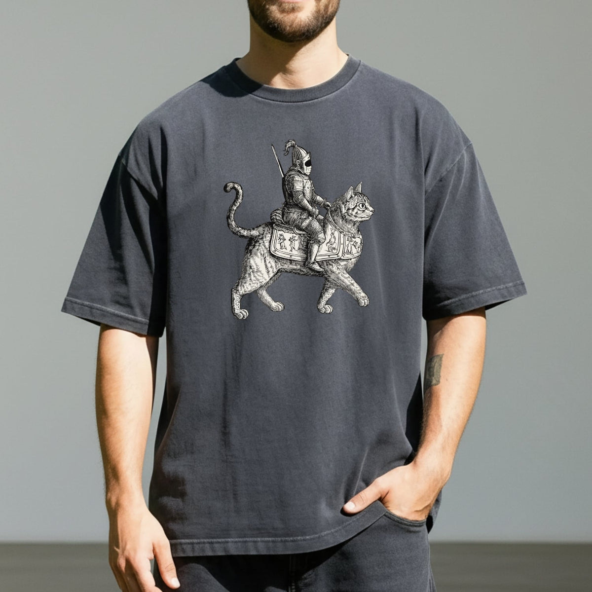 Retro Cat Knight Graphic T-Shirt – Vintage Medieval Tattoo product image 7