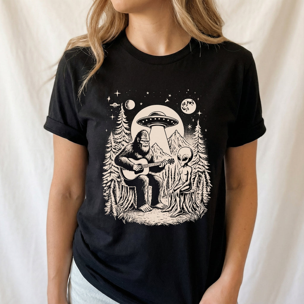 Bigfoot Playing Guitar Graphic T-Shirt - Alien UFO Vintage product image 1