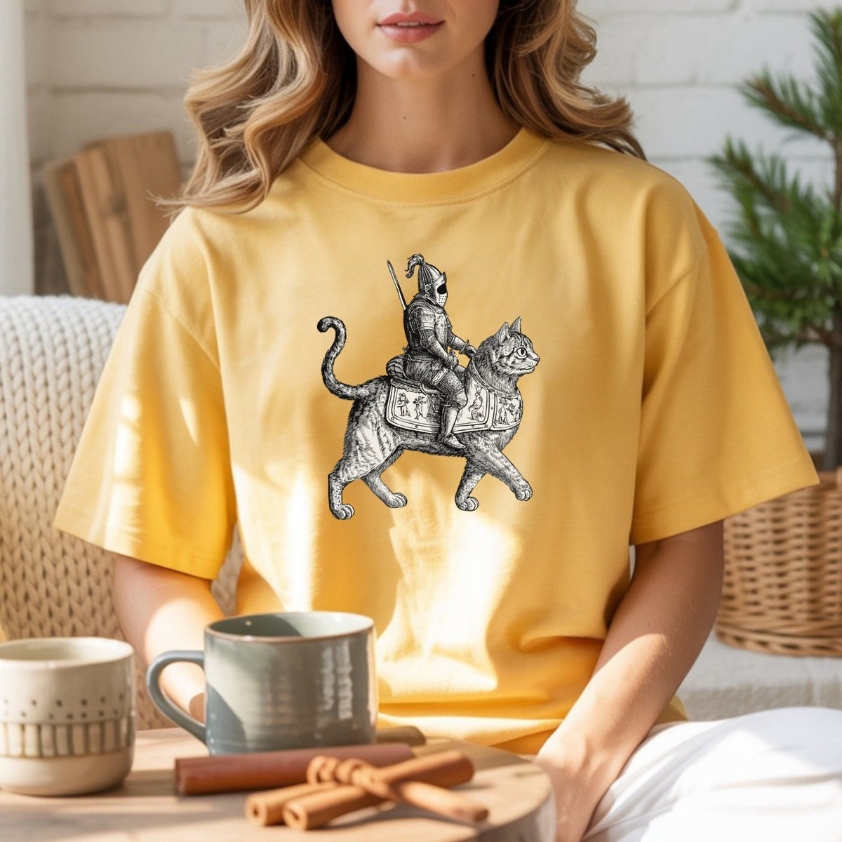 Retro Cat Knight Graphic T-Shirt – Vintage Medieval Tattoo product image 17