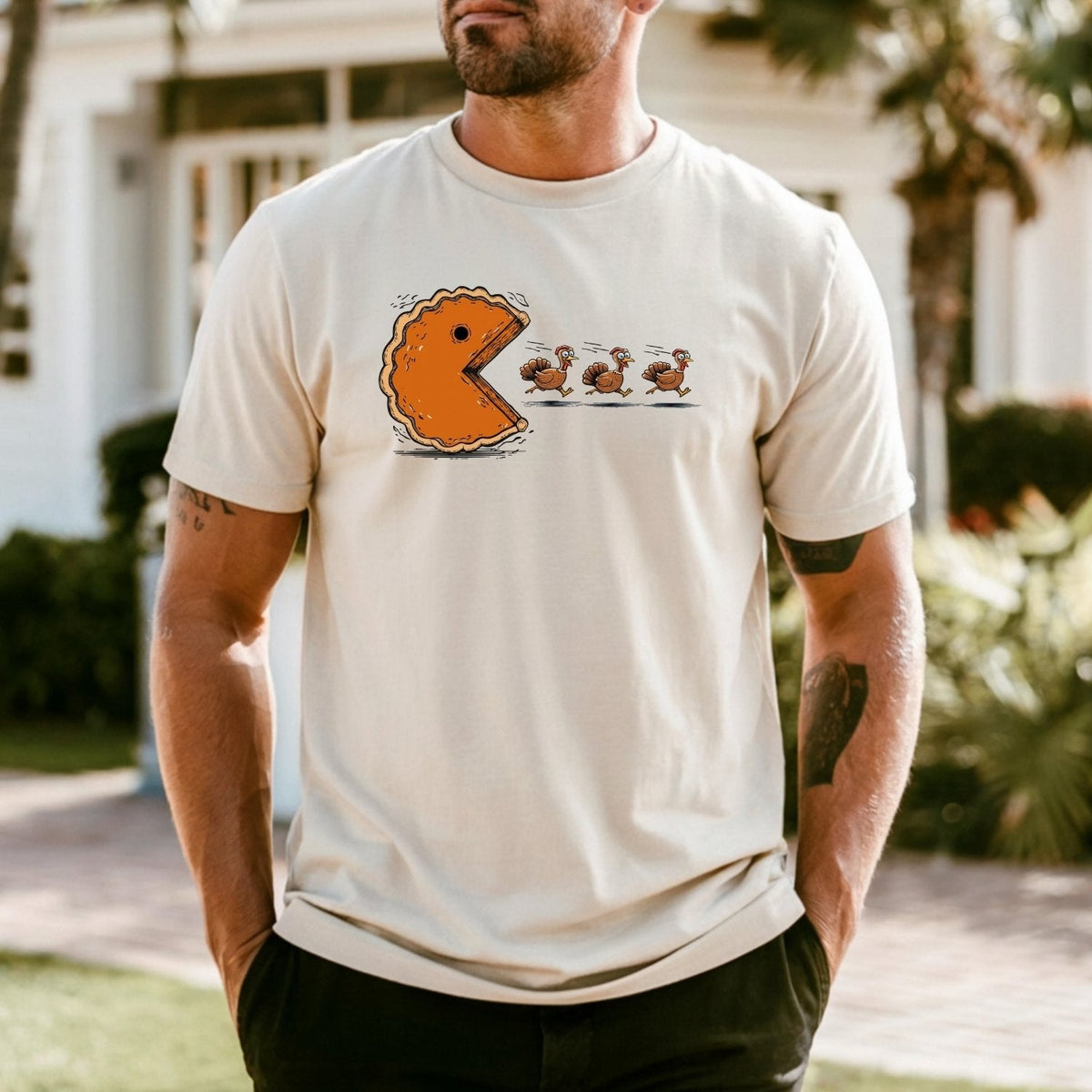 Retro Thanksgiving Pumpkin Pie Chasing Turkey Shirt – Funny product image 20