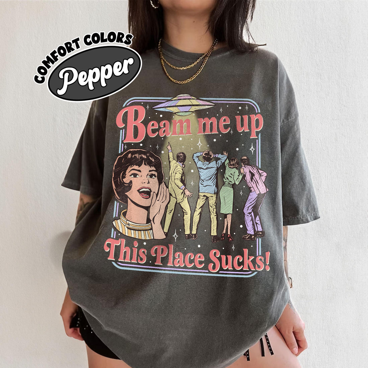 Beam Me Up This Place Sucks Shirt – Retro Alien UFO Space product image 1