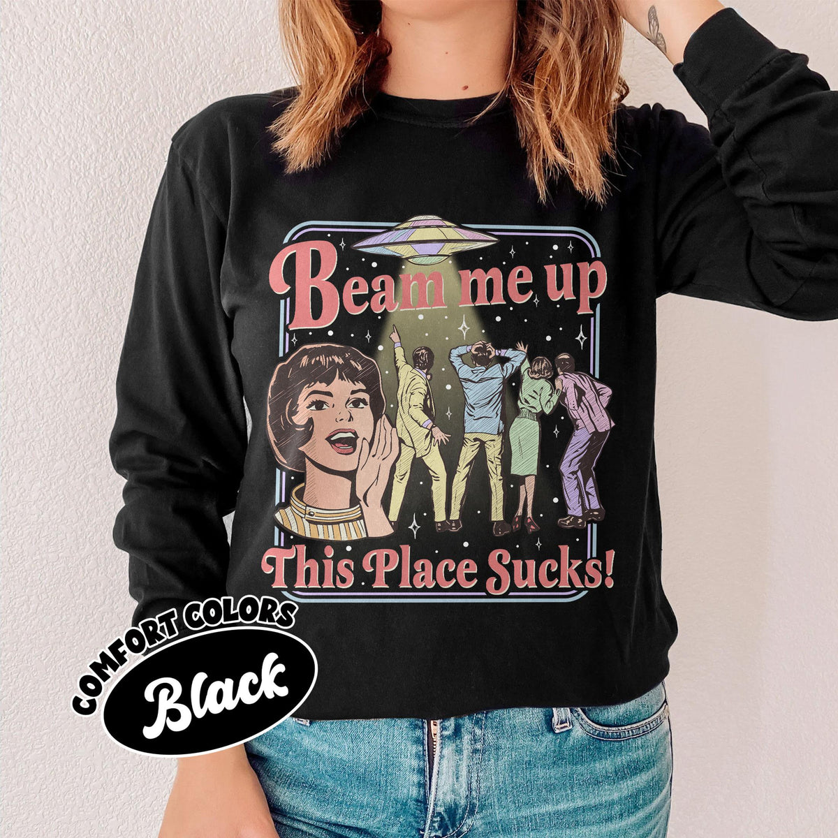 Beam Me Up This Place Sucks Shirt – Retro Alien UFO Space product image 3
