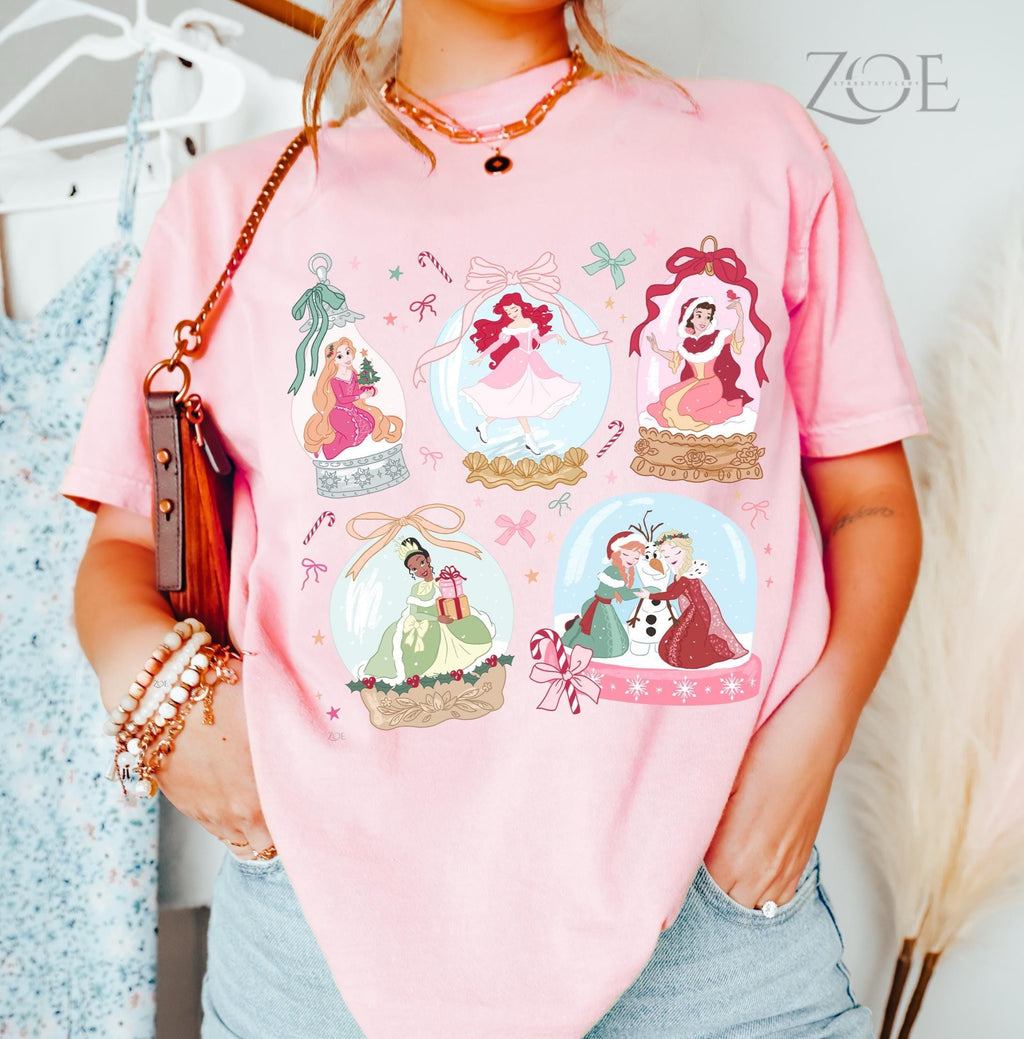 Christmas Princess Coquette Tee – Snow Globe Rapunzel Tiana product image 1