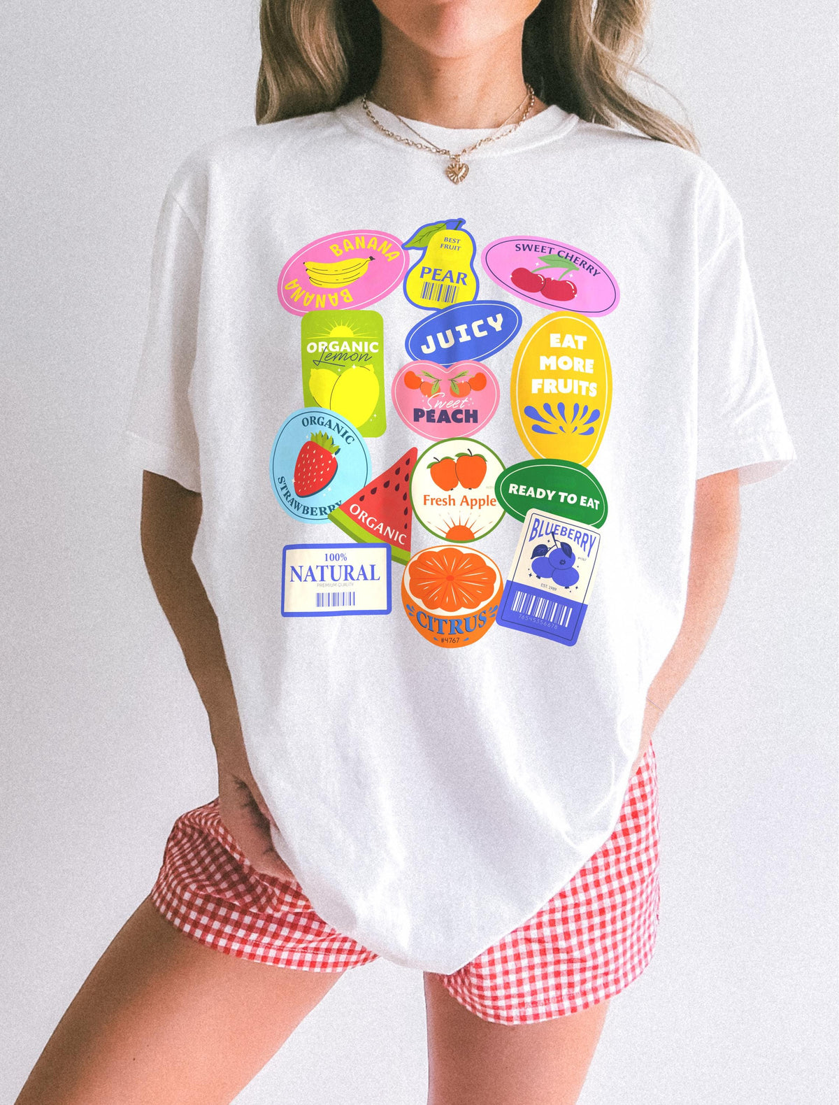 Fruit Stickers Graphic T-Shirt – Preppy Summer Aesthetic Tee product image 3