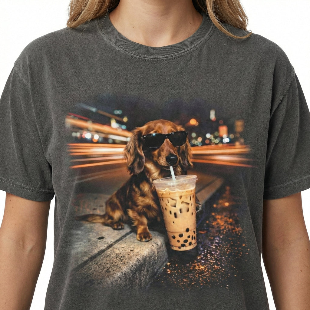 Funny Dachshund Drinking Iced Coffee T-Shirt – Vintage product image 4