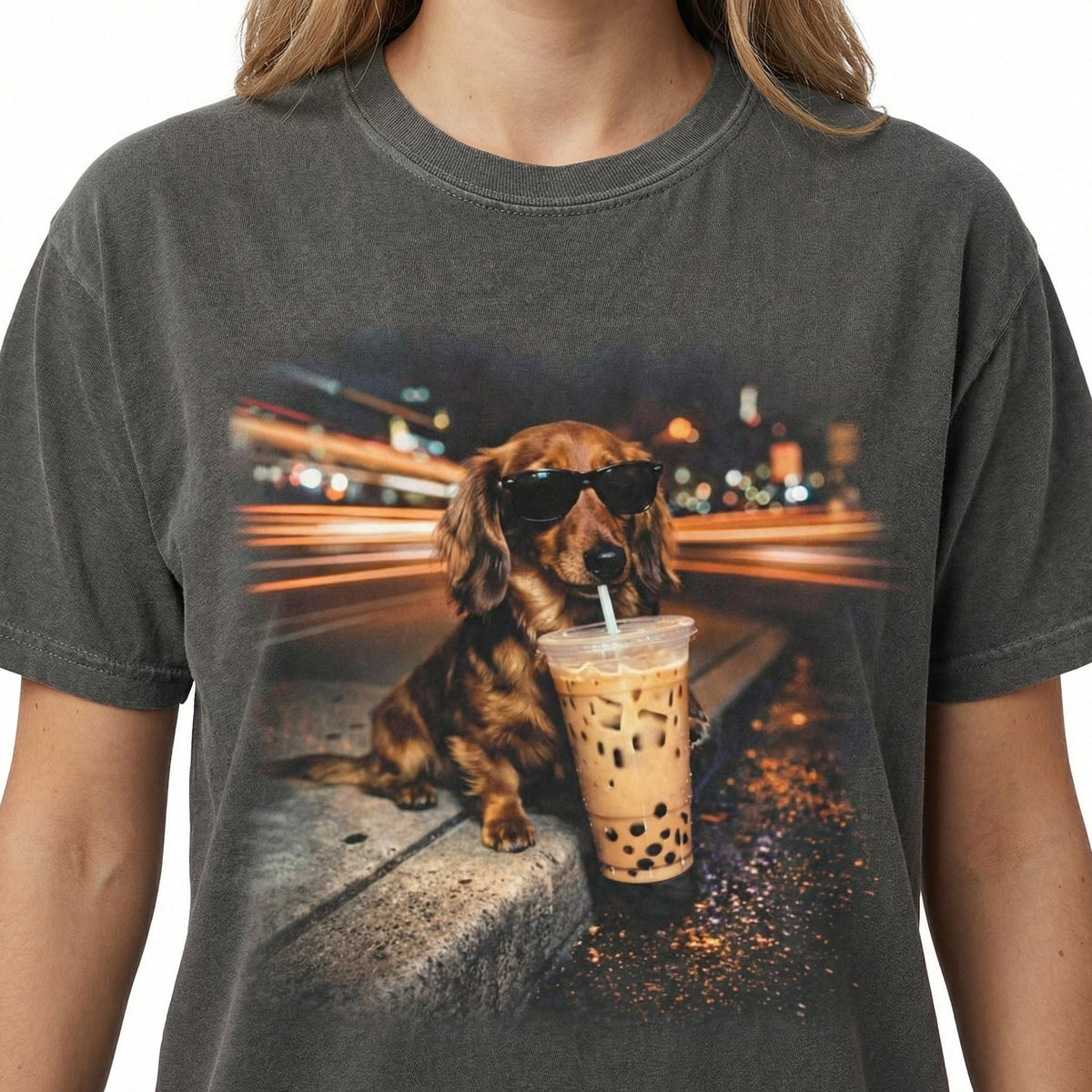 Funny Dachshund Drinking Iced Coffee T-Shirt – Vintage product image 4