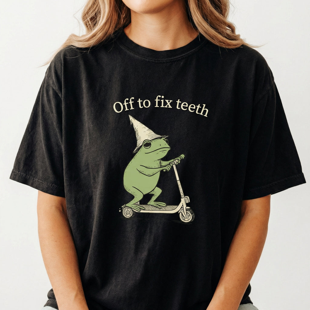 Funny Frog Dental Crew Shirt – Off to Fix Teeth Graphic Tee product image 1