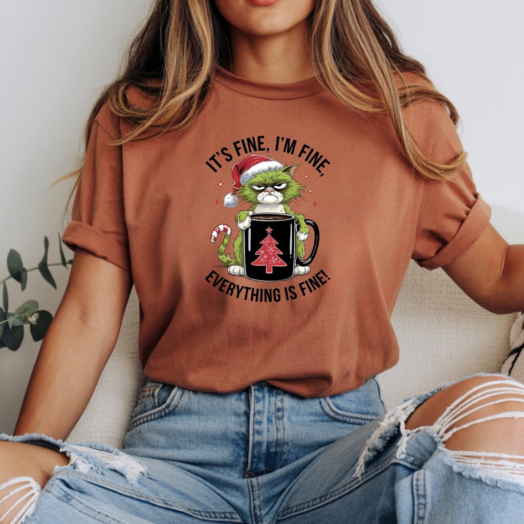 I'm Fine Everything Christmas T-Shirt - Funny Cat Sarcastic product image 3