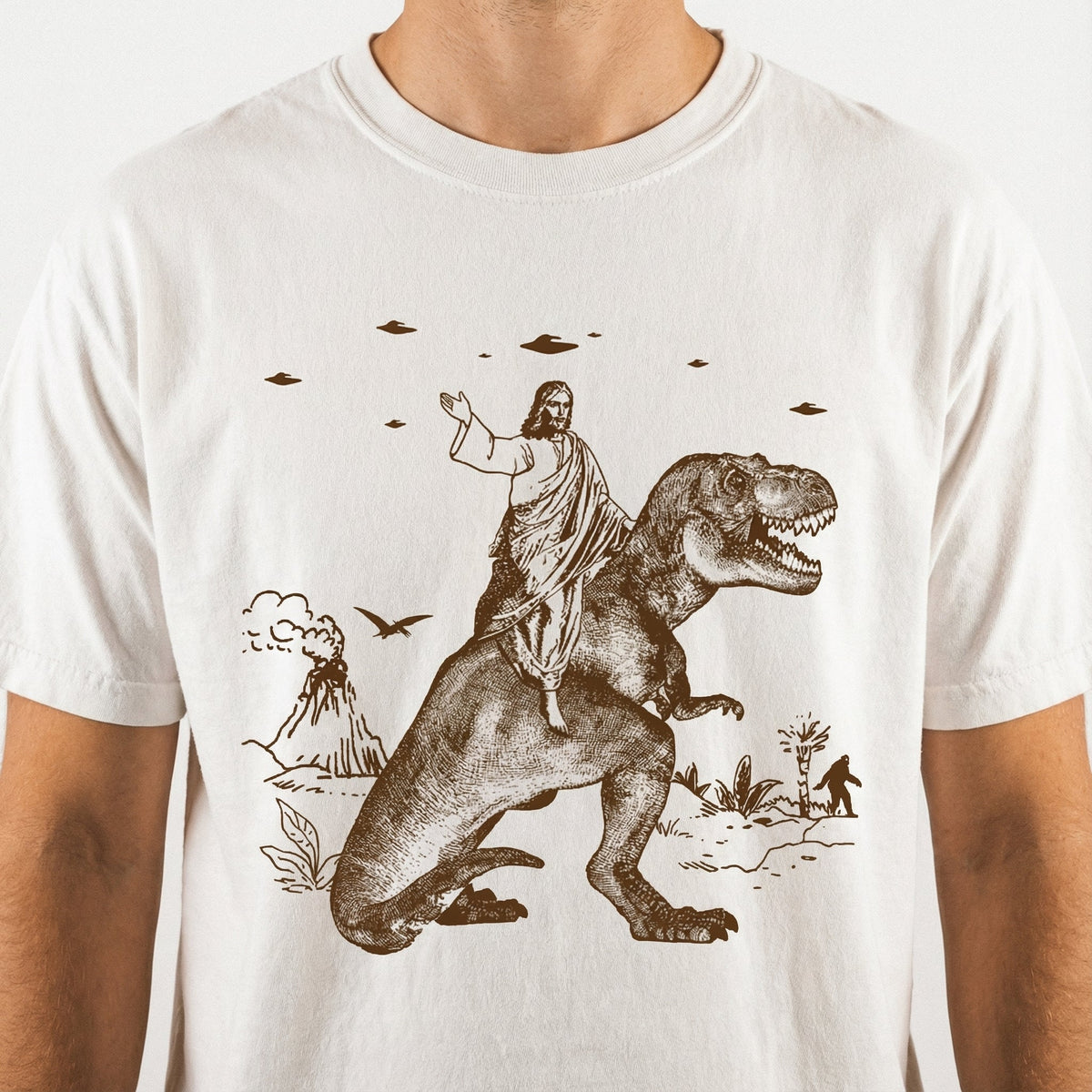 Jesus Riding Dinosaur Graphic T-Shirt - Funny UFO Novelty product image 2
