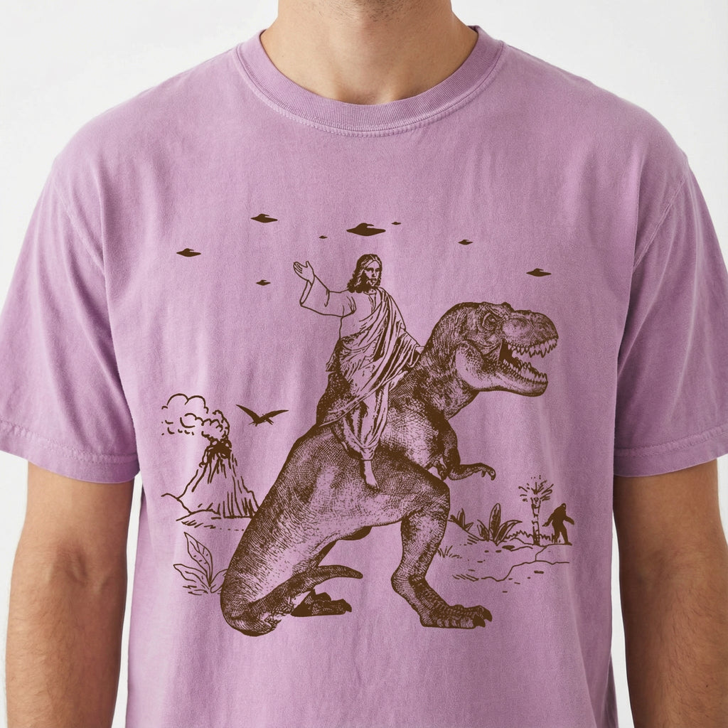 Jesus Riding Dinosaur Graphic T-Shirt - Funny UFO Novelty product image 3
