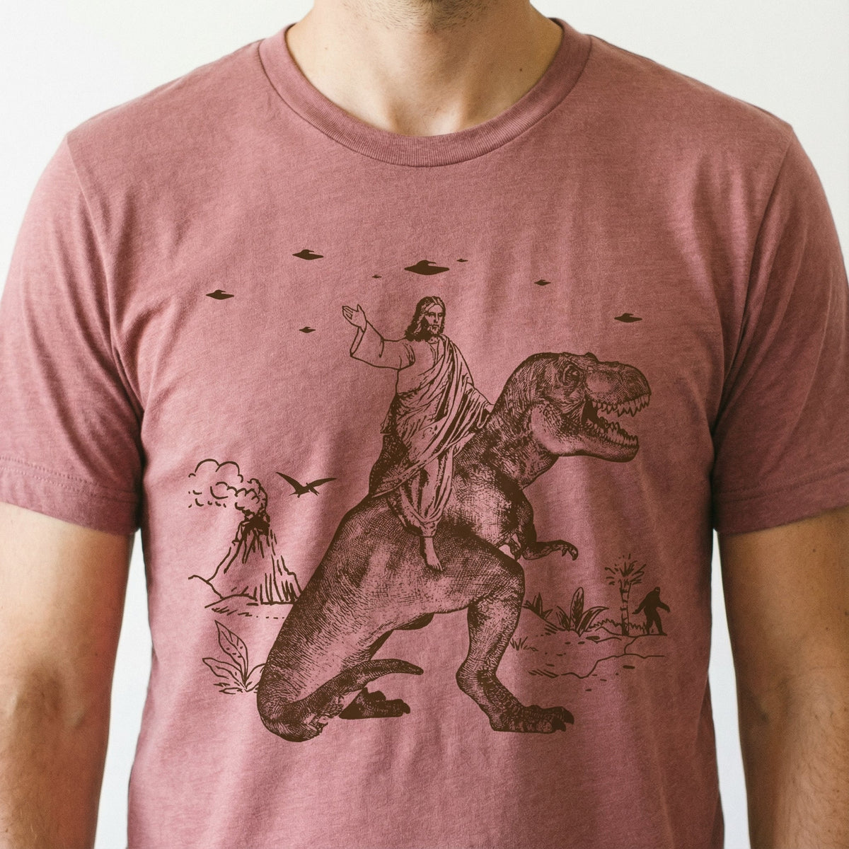 Jesus Riding Dinosaur Graphic T-Shirt - Funny UFO Novelty product image 5