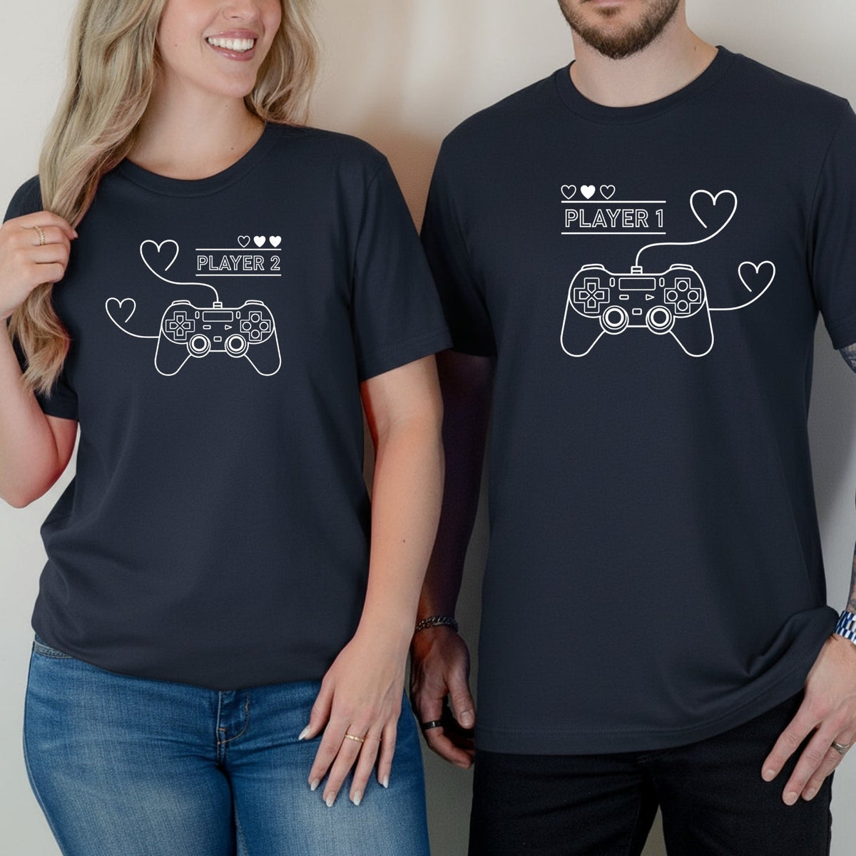 Player 1 2 With Heart Matching T-Shirts For Couples product image 5