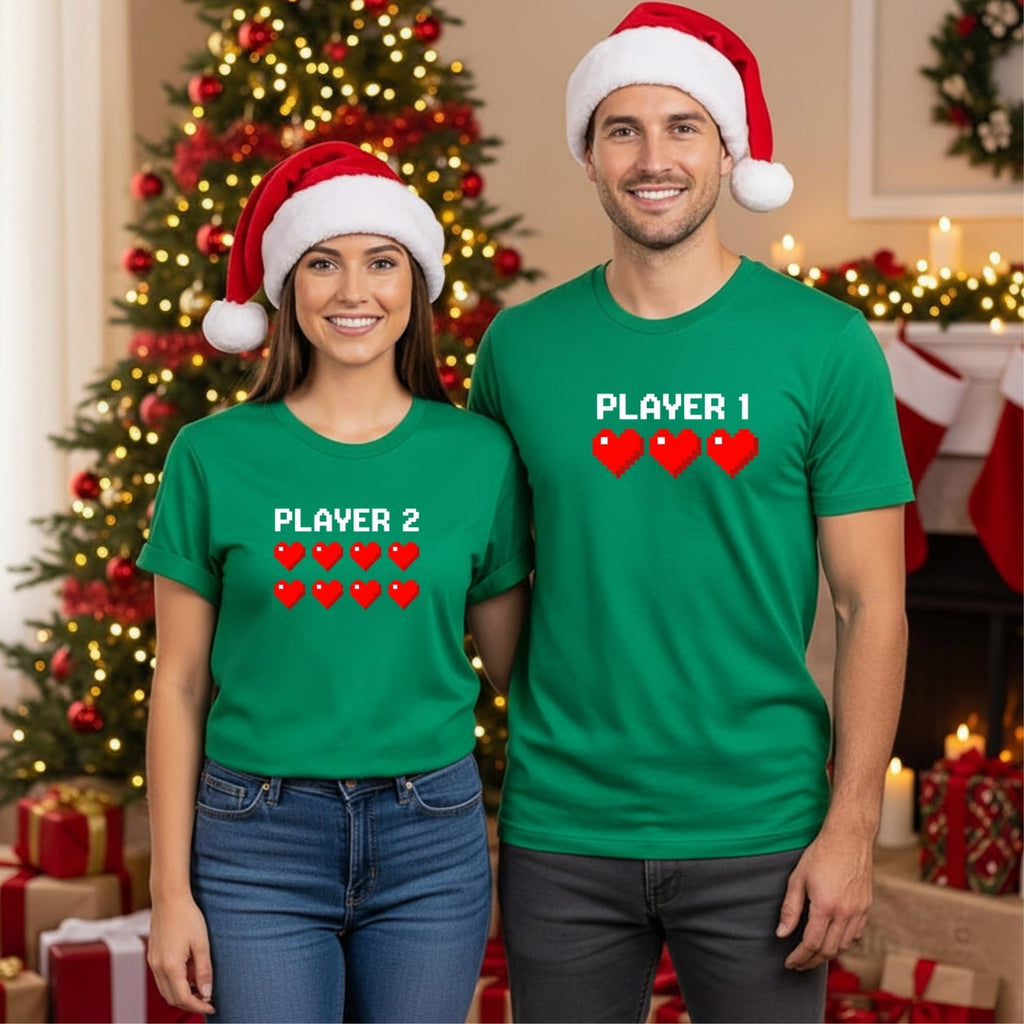 Player 1 and 2 Heart Matching T-Shirts For Couples product image 11