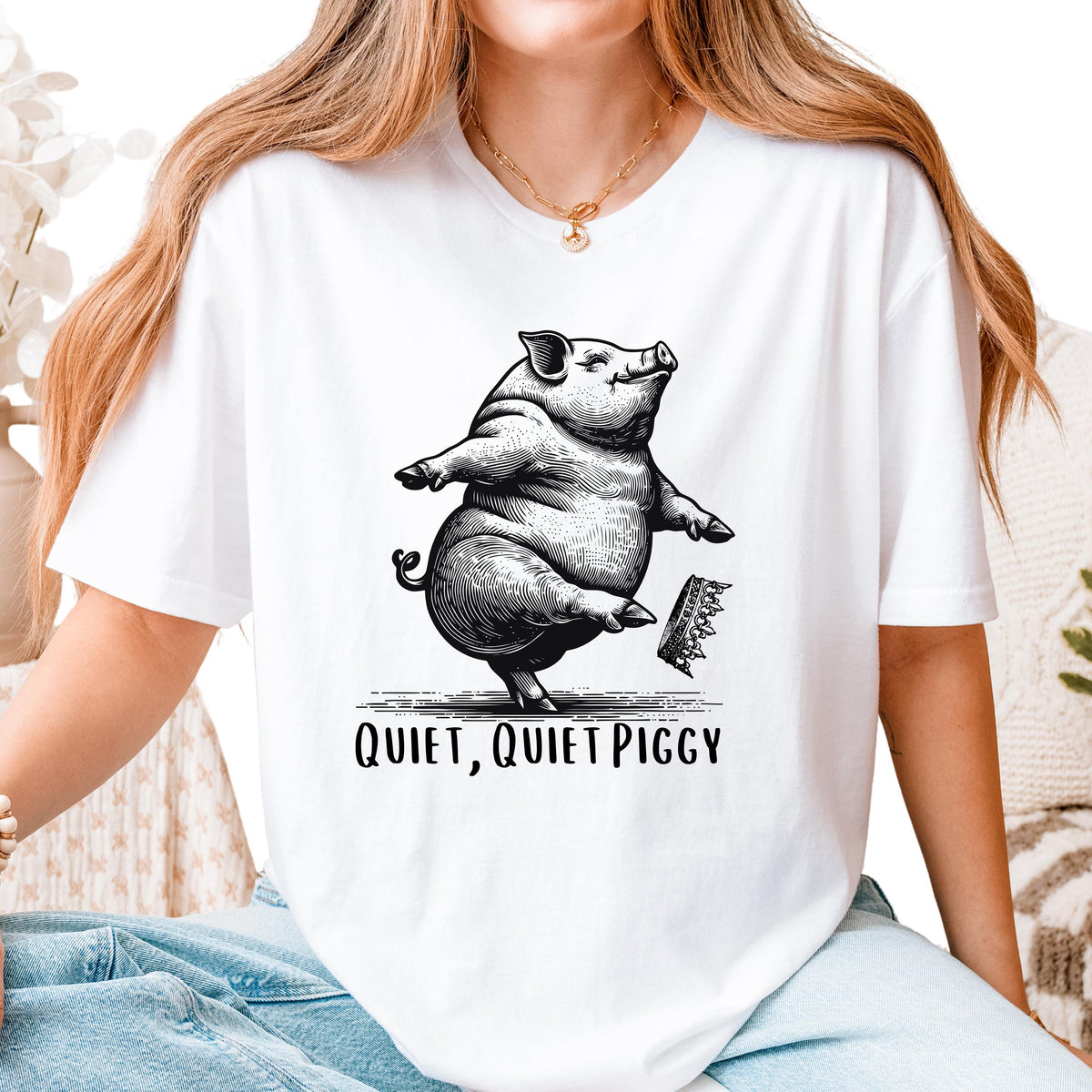 Quiet Piggy T-Shirt – Dancing Pig Kicking Crown Shirt product image 2