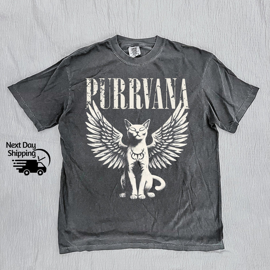 Retro Purrvana Angel Cat Graphic T-Shirt - Vintage Funny Tee product image 2