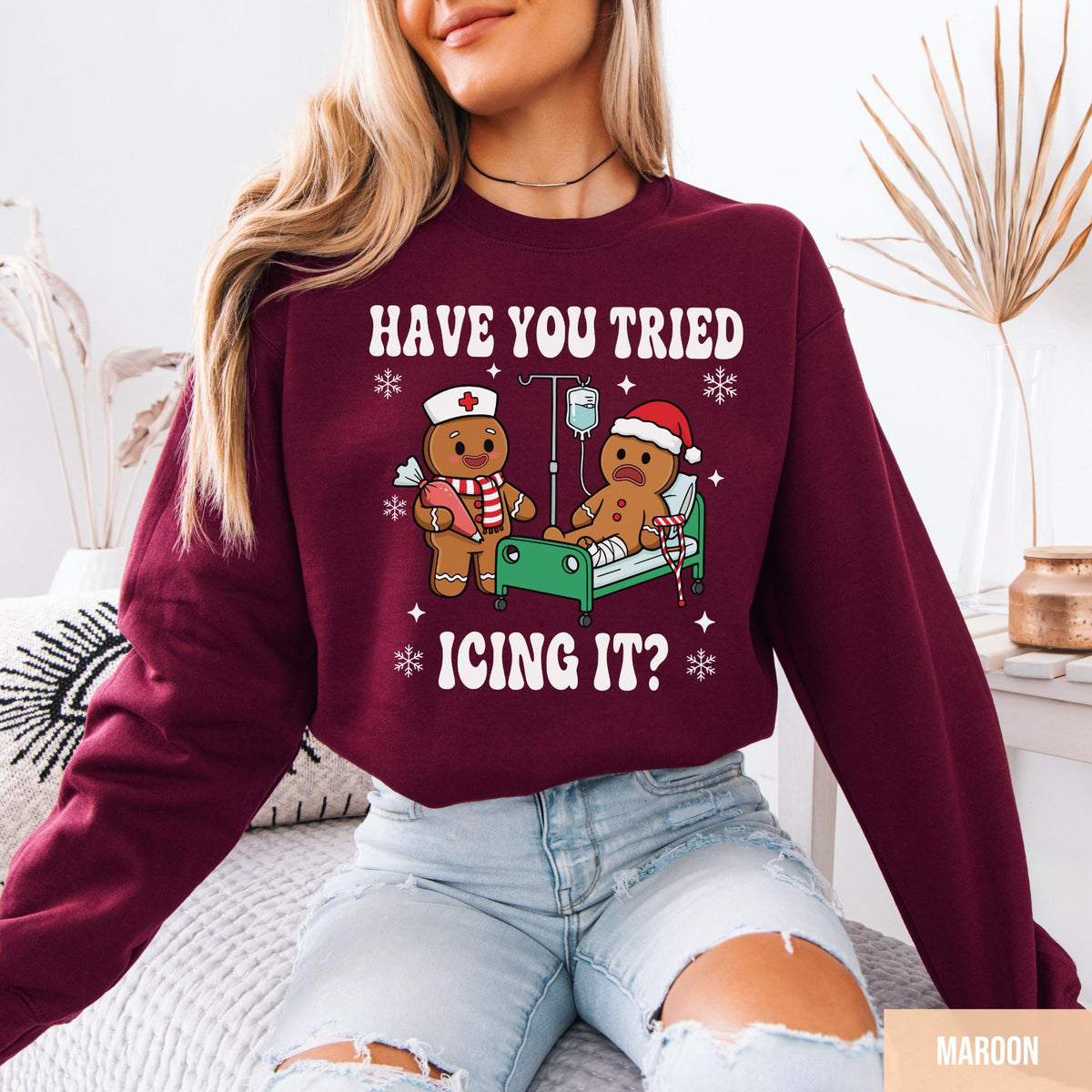Try Icing It Nurse Christmas Sweatshirt – Funny Gingerbread product image 4