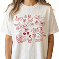 Valentine Doodles Collage T-Shirt – Women’s Love XOXO product image 1