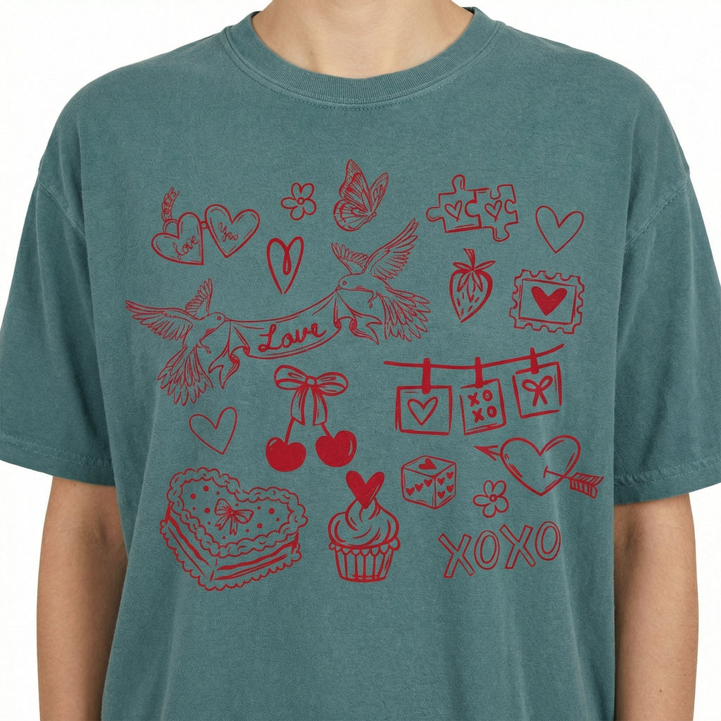 Valentine Doodles Collage T-Shirt – Women’s Love XOXO product image 5
