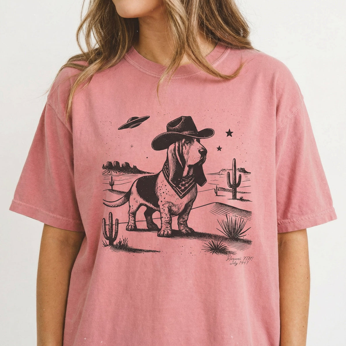 Vintage Basset Hound UFO Western T-Shirt – Retro Cowboy Dog product image 5