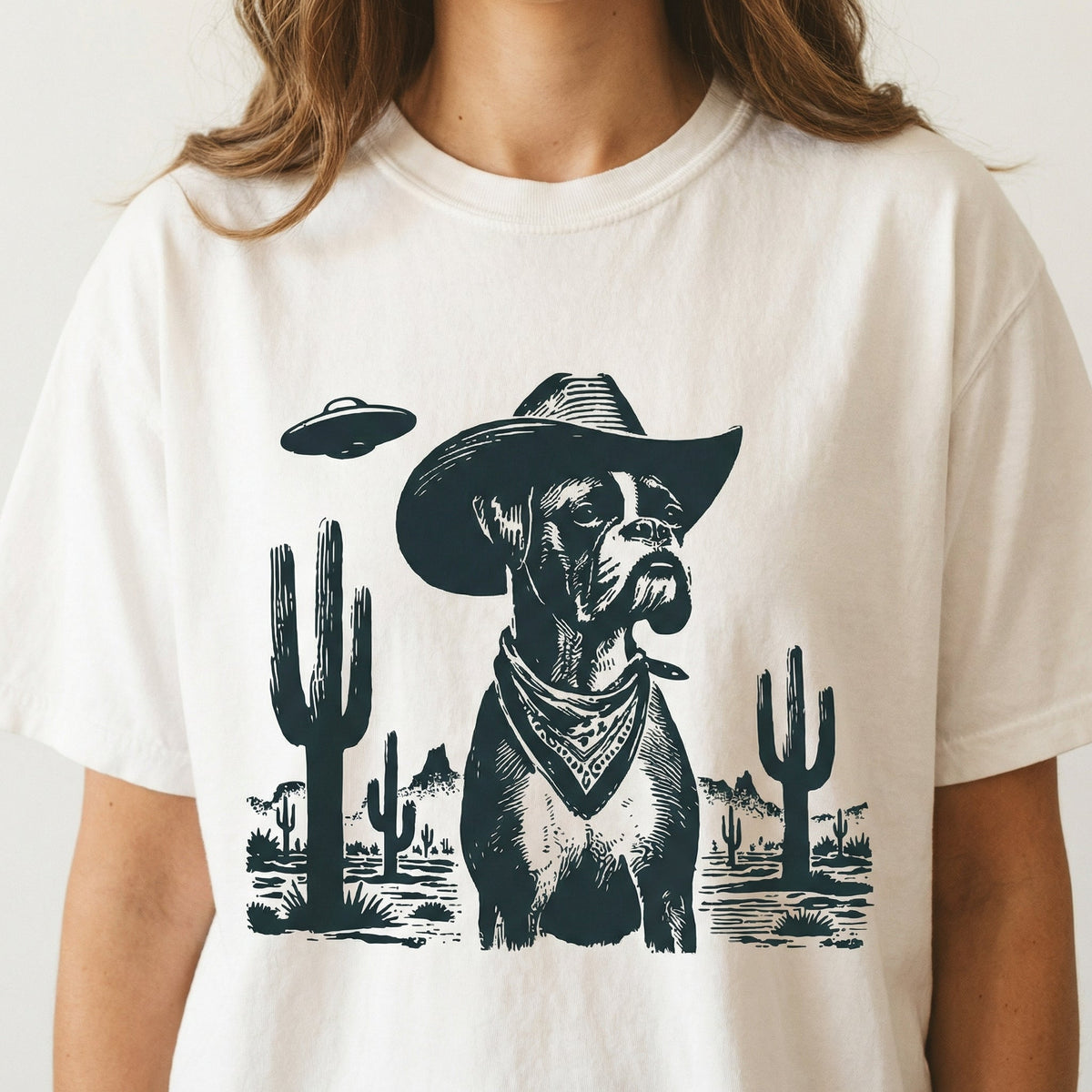 Vintage Boxer UFO T-Shirt - Western Cowboy Dog Graphic Tee product image 1