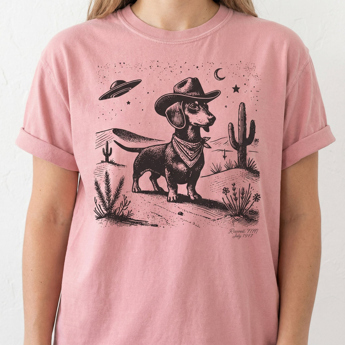 Vintage Dachshund UFO Western T-Shirt – Retro Cowboy Doxie product image 3