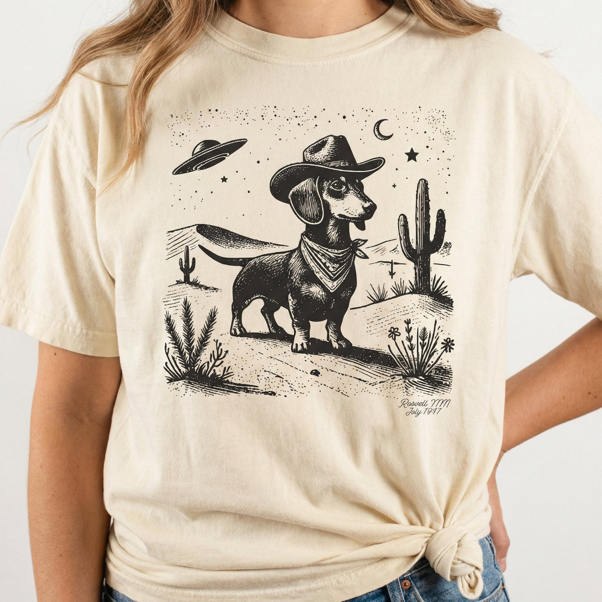 Vintage Dachshund UFO Western T-Shirt – Retro Cowboy Doxie product image 4