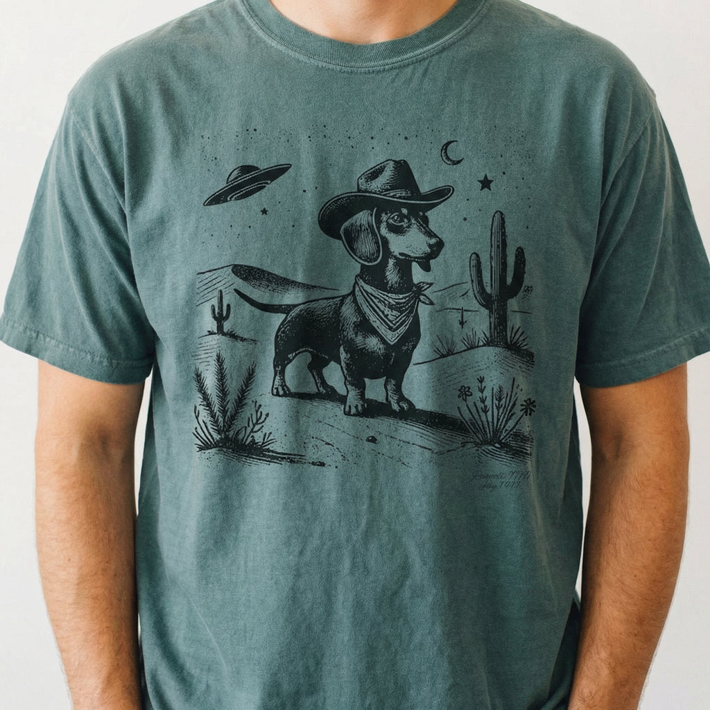 Vintage Dachshund UFO Western T-Shirt – Retro Cowboy Doxie product image 5