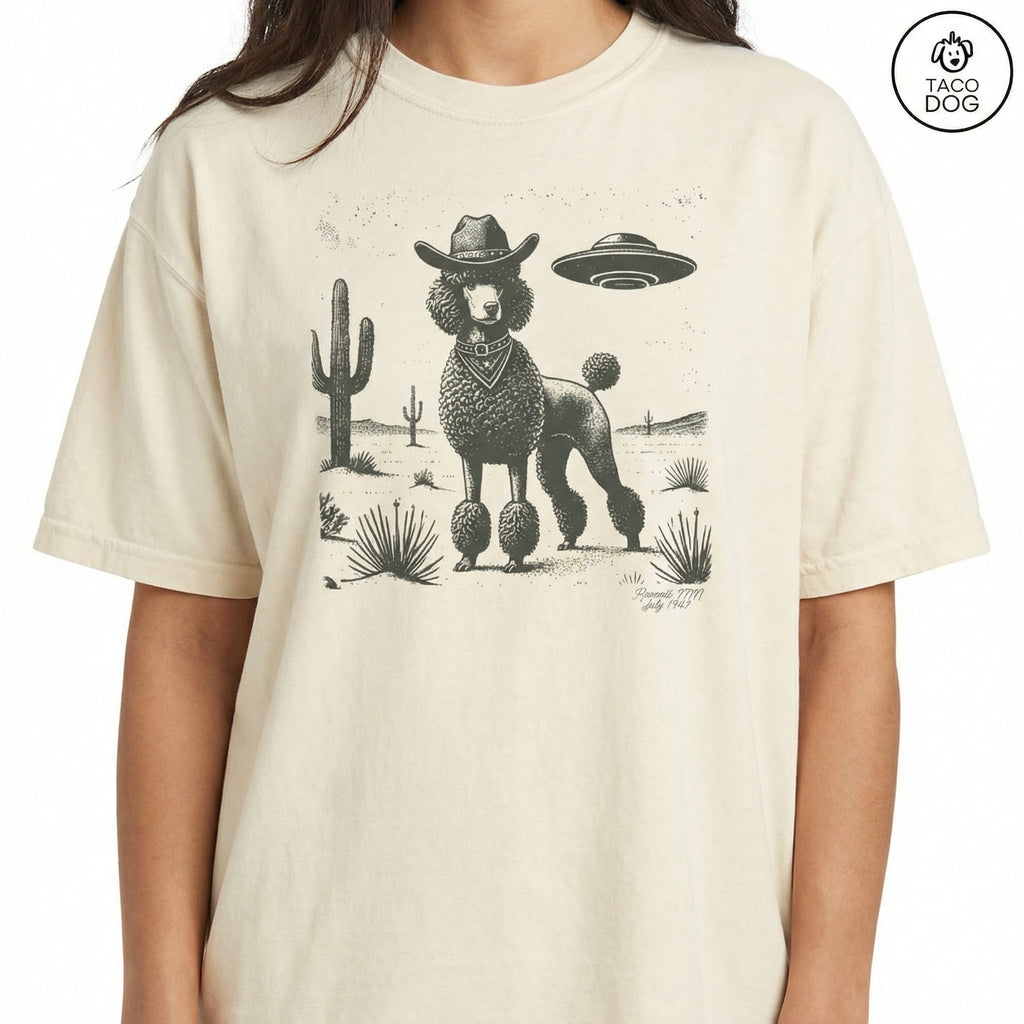 Vintage Poodle UFO Western T-Shirt – Retro Cowboy Dog product image 4