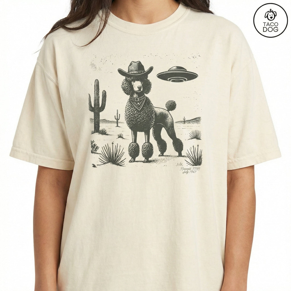 Vintage Poodle UFO Western T-Shirt – Retro Cowboy Dog product image 4