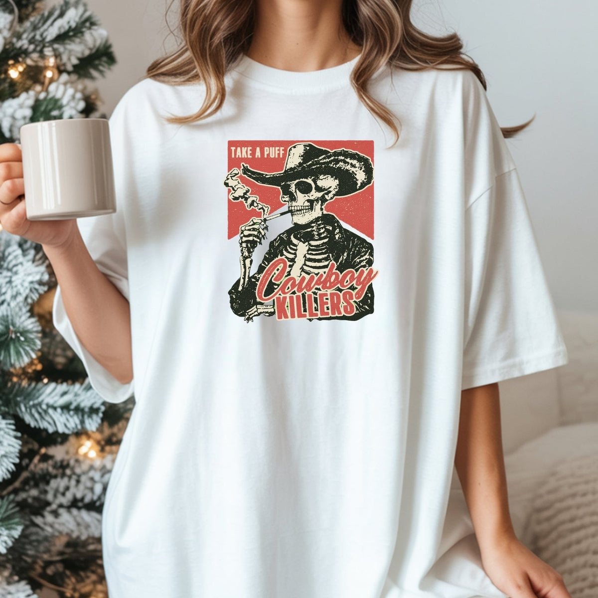 Vintage Skeleton Take A Puff Cowboy T-Shirt - Western Skull product image 2