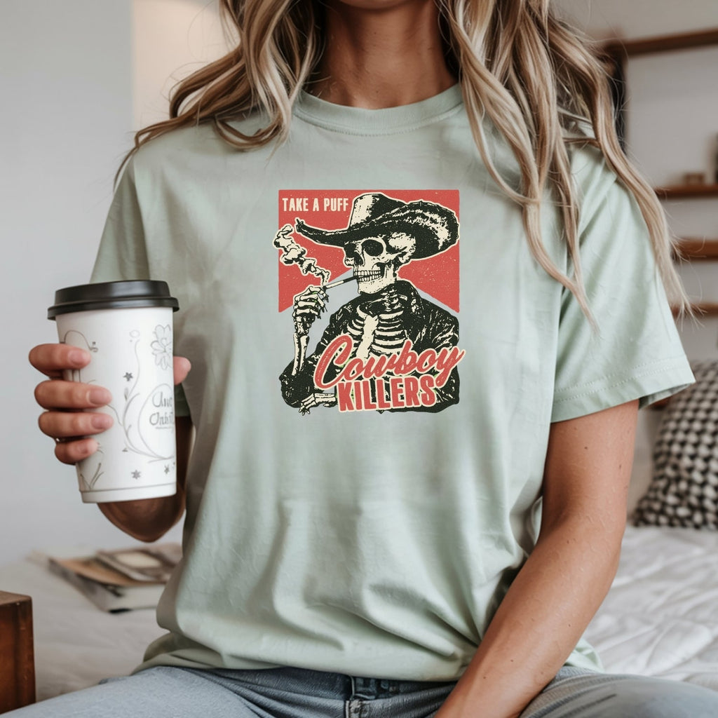Vintage Skeleton Take A Puff Cowboy T-Shirt - Western Skull product image 3