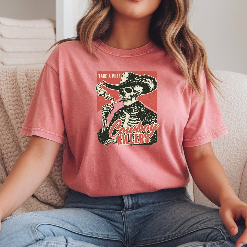 Vintage Skeleton Take A Puff Cowboy T-Shirt - Western Skull product image 4