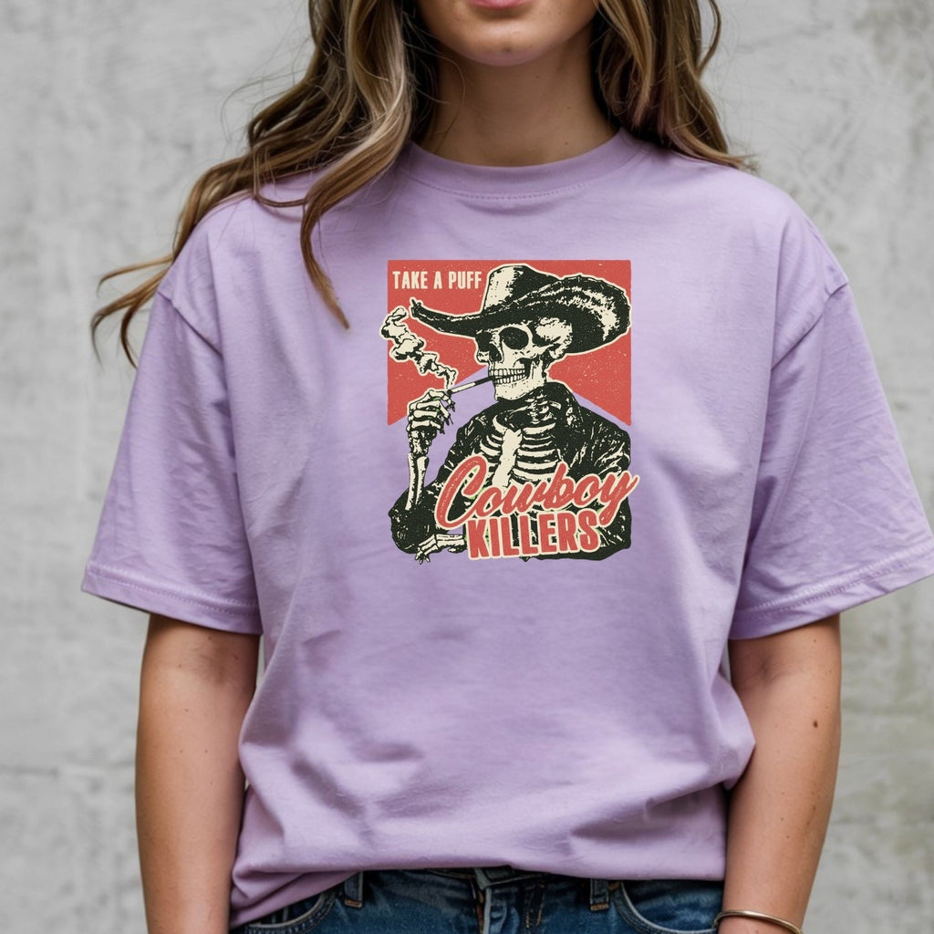 Vintage Skeleton Take A Puff Cowboy T-Shirt - Western Skull product image 5