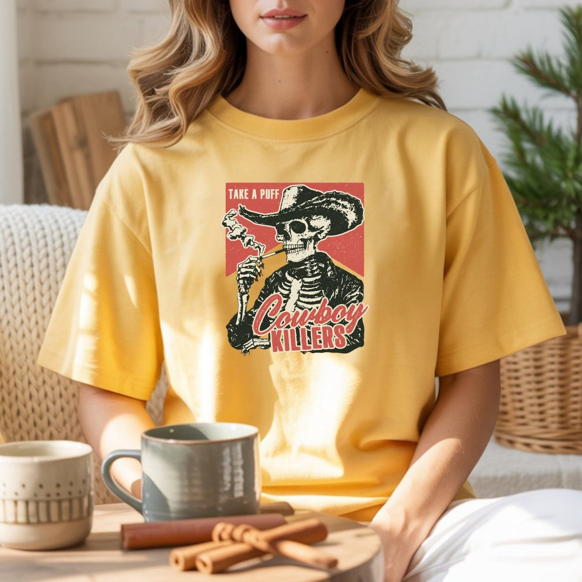 Vintage Skeleton Take A Puff Cowboy T-Shirt - Western Skull product image 6