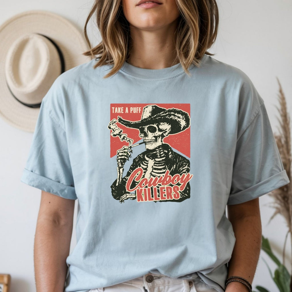 Vintage Skeleton Take A Puff Cowboy T-Shirt - Western Skull product image 7