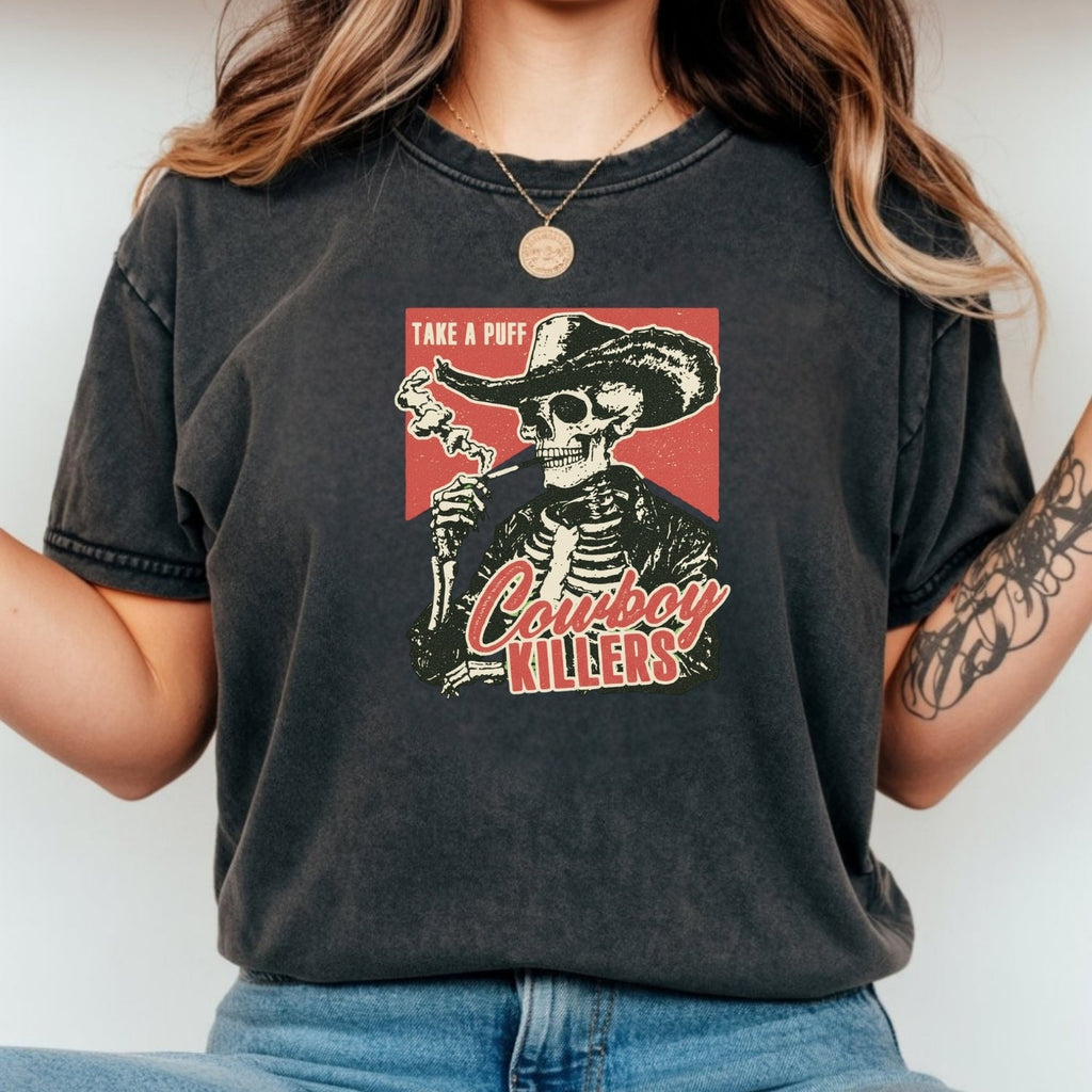Vintage Skeleton Take A Puff Cowboy T-Shirt - Western Skull product image 1
