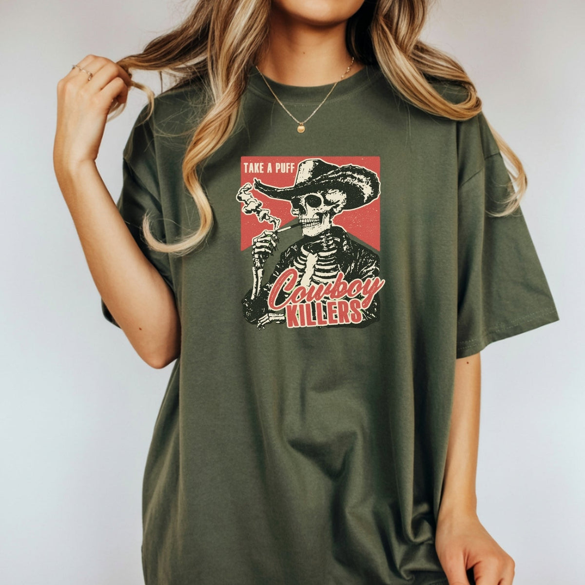 Vintage Skeleton Take A Puff Cowboy T-Shirt - Western Skull product image 8