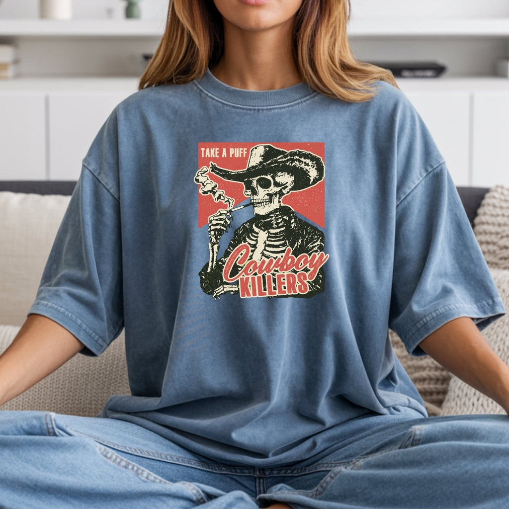 Vintage Skeleton Take A Puff Cowboy T-Shirt - Western Skull product image 9