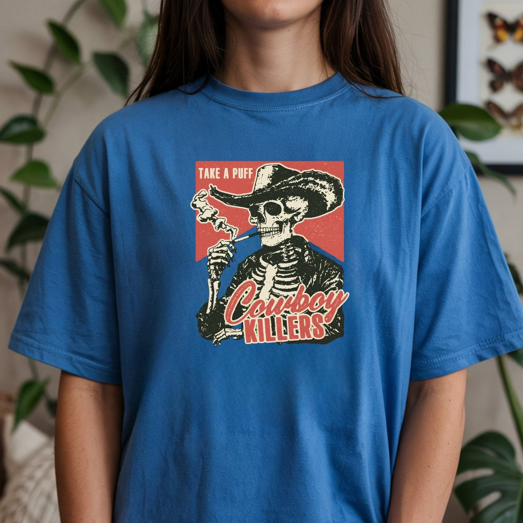 Vintage Skeleton Take A Puff Cowboy T-Shirt - Western Skull product image 10